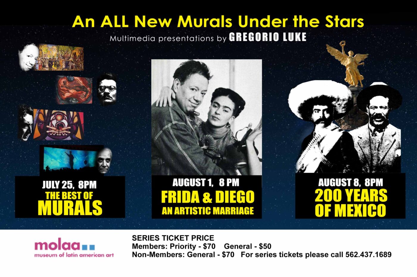 Promoción de eventos en MOLAA con murales y figuras icónicas. Diego y Frida en el centro, celebrando el arte y la historia de México con Cemex.