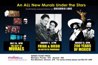 Promoción de eventos en MOLAA con murales y figuras icónicas. Diego y Frida en el centro, celebrando el arte y la historia de México con Cemex.