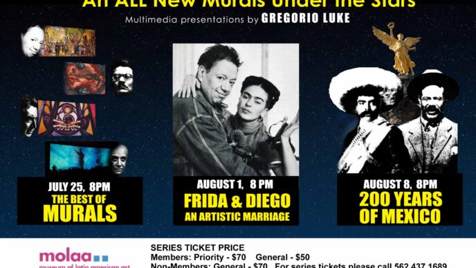 Promoción de eventos en MOLAA con murales y figuras icónicas. Diego y Frida en el centro, celebrando el arte y la historia de México con Cemex.