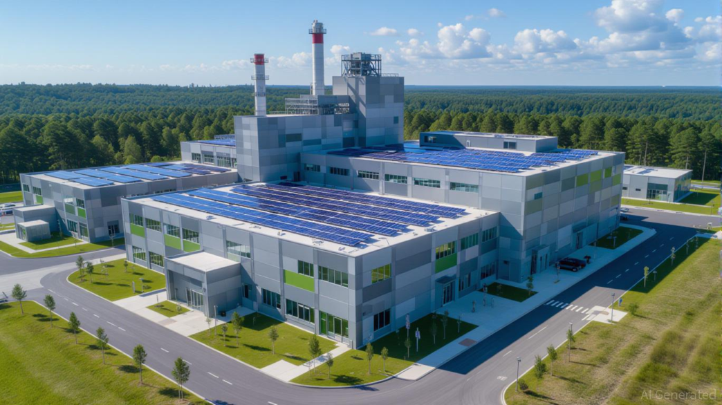 Venue/architecture.
Vista aérea de planta industrial con paneles solares. Arquitectura sostenible en Inmobiliare Summits, México. Solución urbana, real estate.