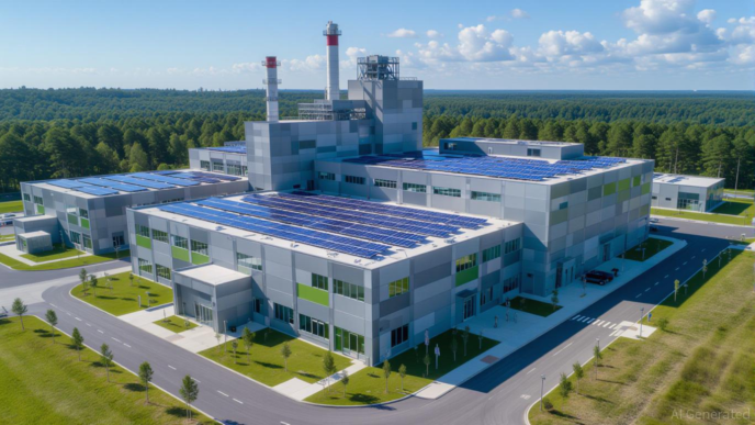 Venue/architecture.
Vista aérea de planta industrial con paneles solares. Arquitectura sostenible en Inmobiliare Summits, México. Solución urbana, real estate.