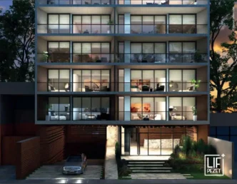 Render del nuevo complejo inmobiliario de lujo en San Isidro por Grupo Octagon, mostrando un diseño moderno y sofisticado con amplios ventanales.