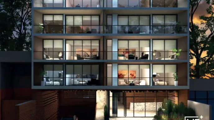 Render del nuevo complejo inmobiliario de lujo en San Isidro por Grupo Octagon, mostrando un diseño moderno y sofisticado con amplios ventanales.