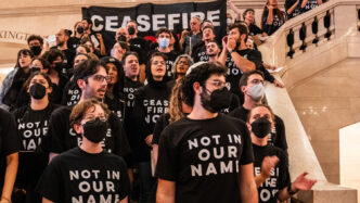 Venue/Architecture

Manifestantes protestan en edificio gubernamental. Pancarta Ceasefire Now y camisetas Not In Our Name. Activismo en [City].