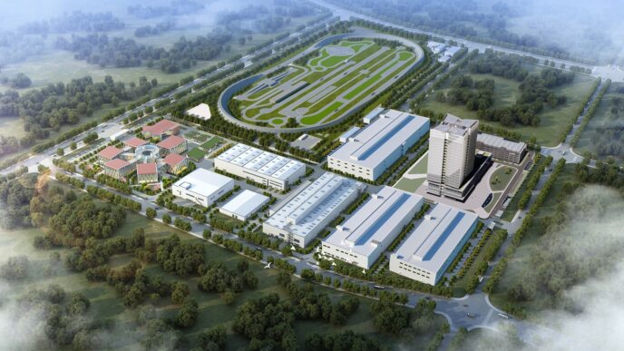 Vista aérea del centro de producción e innovación de Grupo Volkswagen en China. Amplias instalaciones, pista de pruebas y edificios modernos.