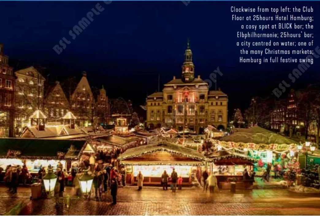 Ciudad de Hamburgo iluminada de noche. Un destino ideal para Inmobiliare Summits LATAM. Arquitectura histórica y ambiente festivo.