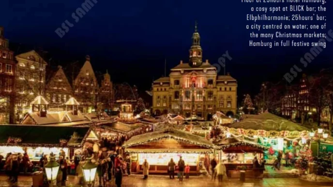 Ciudad de Hamburgo iluminada de noche. Un destino ideal para Inmobiliare Summits LATAM. Arquitectura histórica y ambiente festivo.