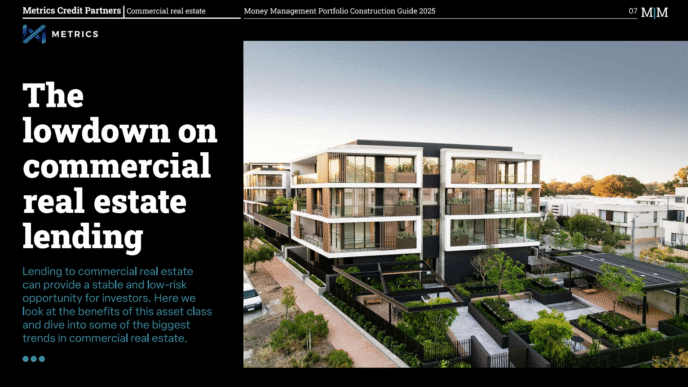 Inversión en Construcción Comercial: Edificio moderno con diseño vanguardista y paisajismo exuberante. Impacto en el Real Estate con Metrics.