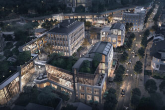 Vista aérea nocturna del Chongqing 18T, proyecto de uso mixto de GuocoLand en China. Arquitectura moderna y espacios verdes iluminados.