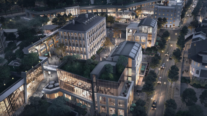 Vista aérea nocturna del Chongqing 18T, proyecto de uso mixto de GuocoLand en China. Arquitectura moderna y espacios verdes iluminados.