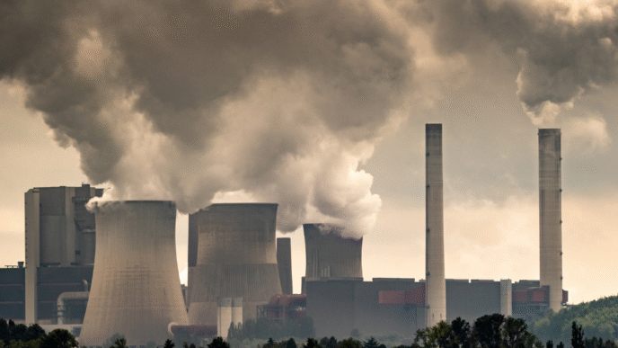 Vista de una nave industrial de Hershey's en construcción por Cemex, con chimeneas humeantes y cielos nublados, reflejando su impacto ambiental.