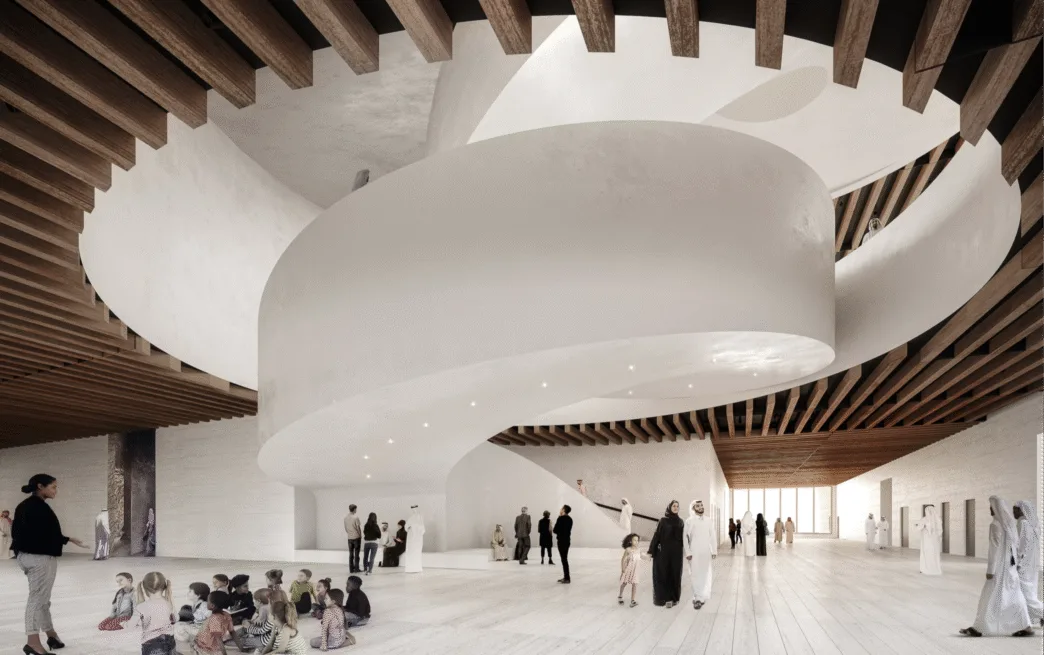 Venue/architecture.
Diseño interior del Museo de Arte Lusail en Qatar, presentado en Inmobiliare Summits. Arquitectura moderna en evento de real estate.