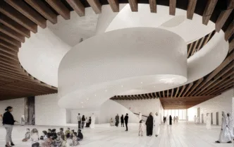 Venue/architecture.
Diseño interior del Museo de Arte Lusail en Qatar, presentado en Inmobiliare Summits. Arquitectura moderna en evento de real estate.
