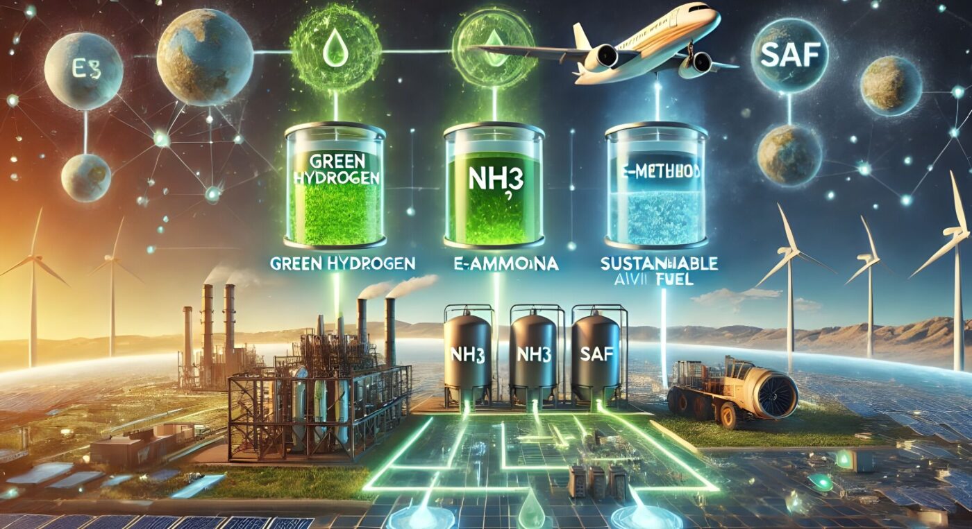 Ilustración de infraestructura verde en aeropuertos con hidrógeno, amoníaco y SAF, mostrando la sostenibilidad y la innovación en la aviación.