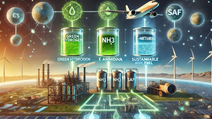 Ilustración de infraestructura verde en aeropuertos con hidrógeno, amoníaco y SAF, mostrando la sostenibilidad y la innovación en la aviación.