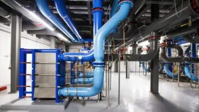 Compleja red de tuberías azules y grises, clave para el transporte de hidrógeno en un real estate sostenible. Avanzados sistemas de plomería.