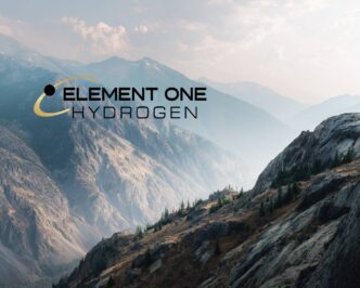 Paisaje montañoso con logo de Element One Hydrogen, representando la energía limpia en Columbia Británica. Innovación y sostenibilidad en hidrocarburos.
