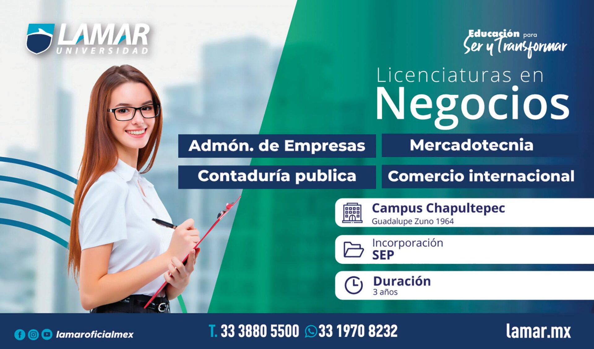 Imagen promocional de Lamar Universidad con licenciaturas en negocios. Ideal para estudiantes interesados en real estate en México.