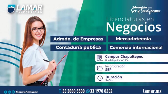 Imagen promocional de Lamar Universidad con licenciaturas en negocios. Ideal para estudiantes interesados en real estate en México.