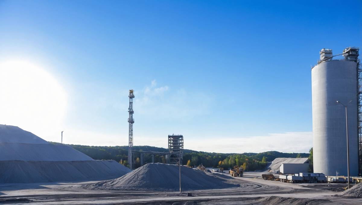 Planta de Holcim con silos e instalaciones. Impulsando la sostenibilidad en la industria cementera con aumento de ventas del 3%. Holcim, cemento.