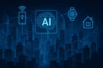 Ilustración de IA y predicción de asentamientos en site surveys. Edificios conectados a smartphone, smartwatch y hogares mediante inteligencia artificial.