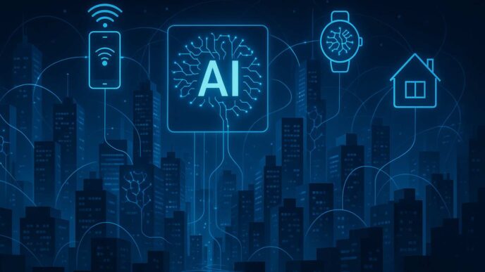 Ilustración de IA y predicción de asentamientos en site surveys. Edificios conectados a smartphone, smartwatch y hogares mediante inteligencia artificial.