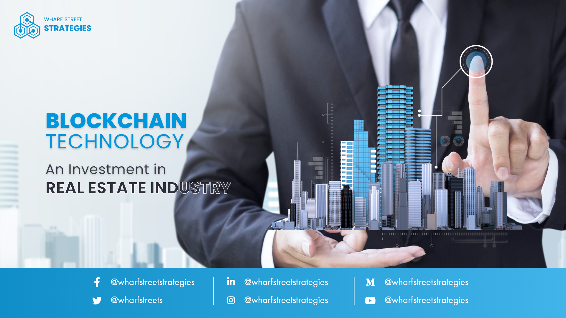 Hombre interactuando con blockchain en real estate. Edificios modernos flotan, destacando la innovación de IBM en el futuro del sector inmobiliario.