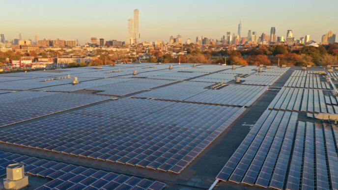 Paneles solares en techo de edificio logístico con horizonte urbano. Energía solar para real estate logístico, impacto y sostenibilidad. Vista aérea.