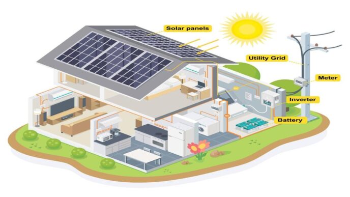 Casa con paneles solares mostrando el impacto de la energía solar y su almacenamiento. Se detalla la conexión a la red eléctrica y baterías.