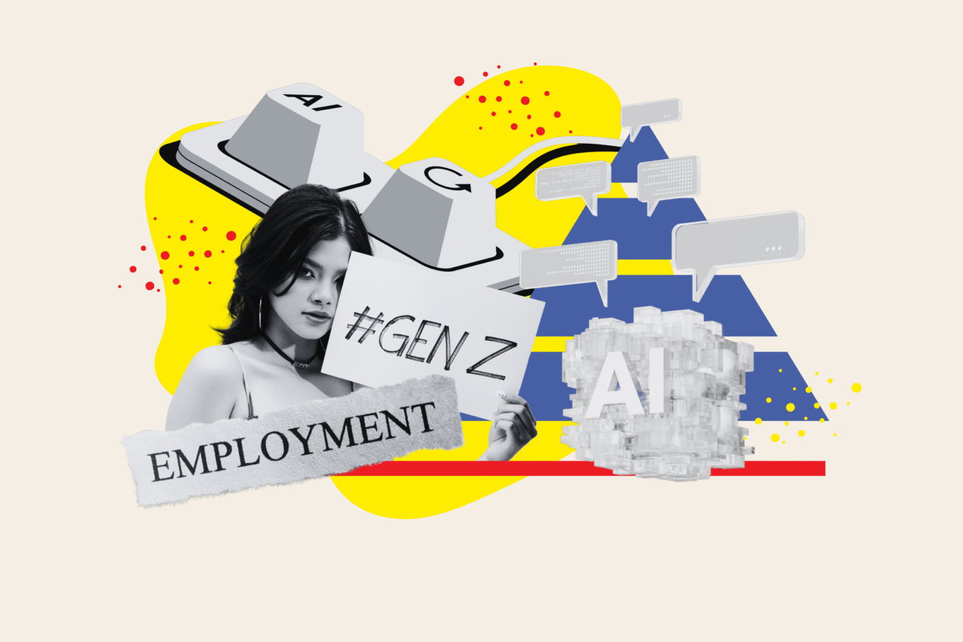 Collage de IA y Gen Z: mujer con letrero #GenZ y 'Employment', teclado y cubo AI. Impacto IA en vivienda y empleo para la Generación Z.