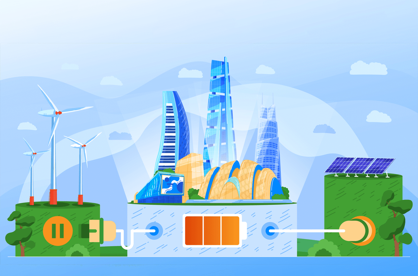 Ilustración de ciudad futurista alimentada por baterías SCiB™, energía eólica y solar, representando la movilidad sostenible y el impacto ambiental positivo.
