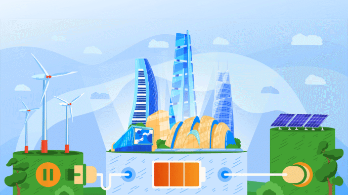 Ilustración de ciudad futurista alimentada por baterías SCiB™, energía eólica y solar, representando la movilidad sostenible y el impacto ambiental positivo.
