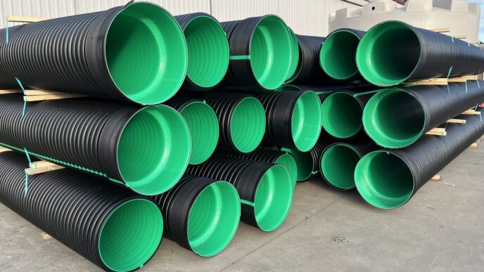 Montones de tuberías plásticas negras con interior verde. Impacto en la sostenibilidad inmobiliaria, esenciales para la gestión de aguas y residuos.