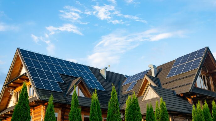 Casa de madera con paneles solares en el tejado. Impacto positivo en el real estate con acuerdos de energía solar y sostenibilidad. Cielo azul.