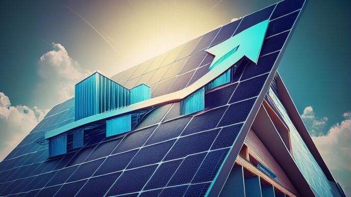 Impacto solar: Edificio con paneles solares y flecha ascendente. Aumento del valor del real estate con proyectos solares. Energía renovable.
