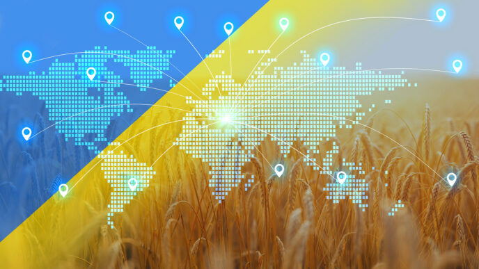 Sponsors/branding.

Impacto Rusia-Ucrania en cadena de suministro. Mapa mundial digital sobre campo de trigo con colores de Ucrania. Inmobiliare Summits, real estate.