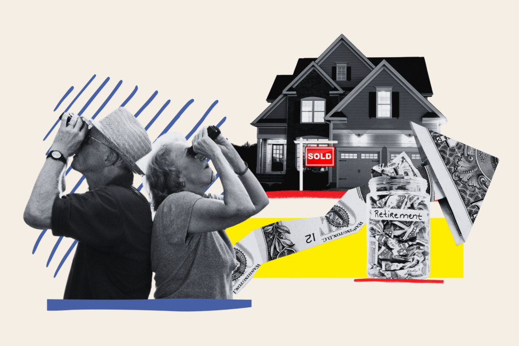 Ancianos observando casa vendida con ahorros para retiro. Impacto del financiamiento en senior living y mercado inmobiliario reflejado en su futuro.