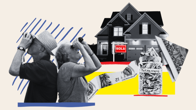 Ancianos observando casa vendida con ahorros para retiro. Impacto del financiamiento en senior living y mercado inmobiliario reflejado en su futuro.