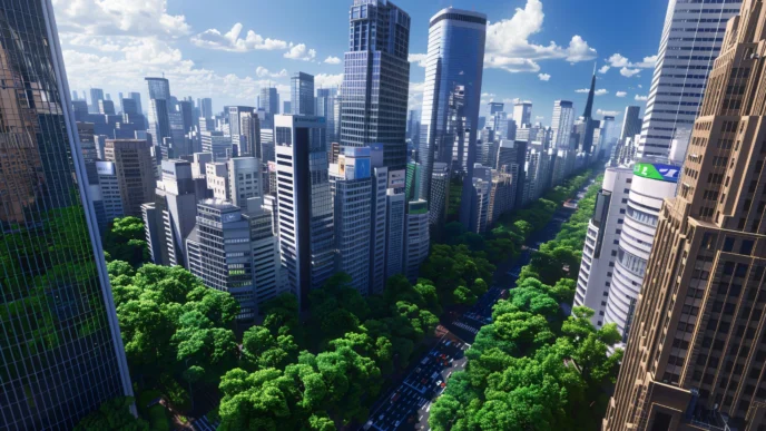 Vista aérea de ciudad en India con edificios altos y árboles, relacionando el Fondo Inmobiliario y su impacto en la sostenibilidad urbana. Detalle de tráfico.