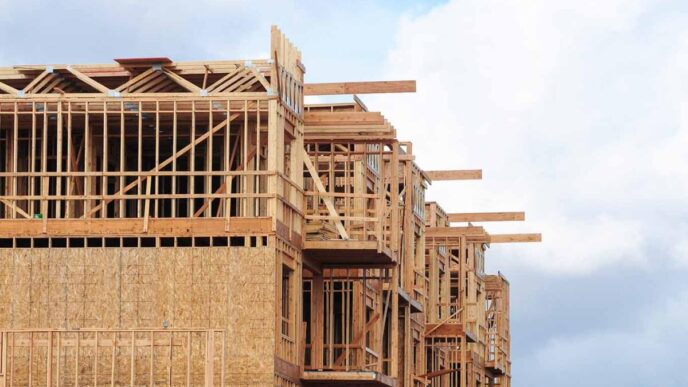 Estructura de madera de edificio multifamiliar en construcción en Los Ángeles. Préstamo de construcción impacta el desarrollo con cielo nublado de fondo.