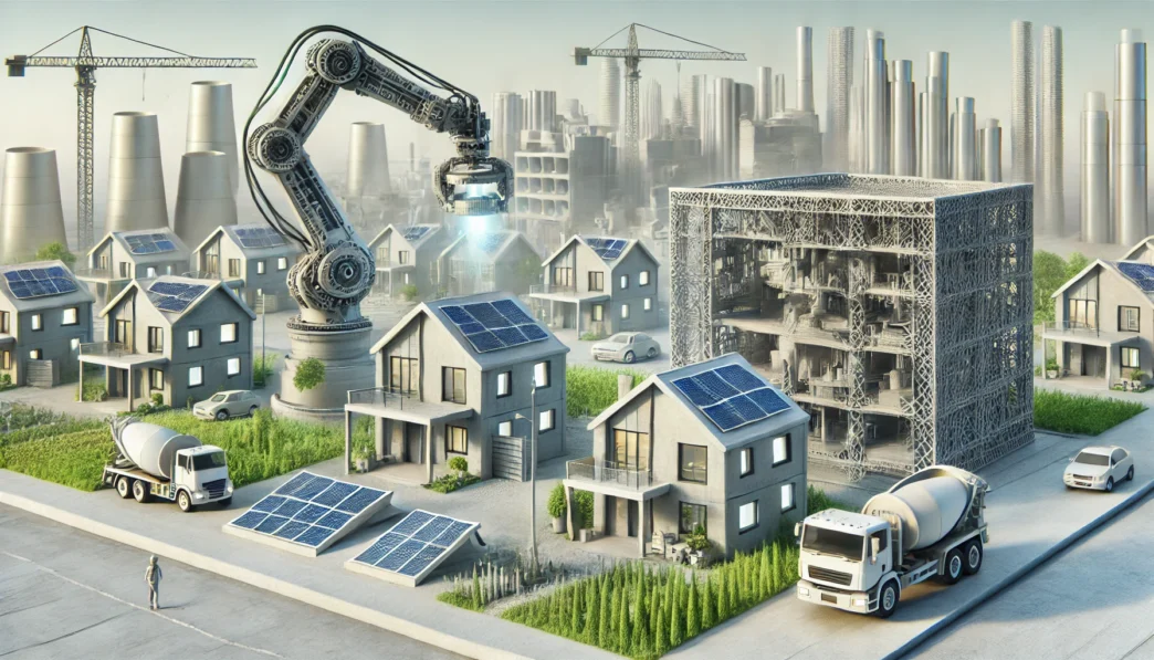Visualización 3D de construcción de viviendas con impresión 3D, paneles solares y brazo robótico. Revolución sostenible en la construcción moderna.
