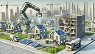 Visualización 3D de construcción de viviendas con impresión 3D, paneles solares y brazo robótico. Revolución sostenible en la construcción moderna.