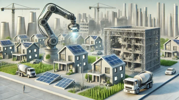 Visualización 3D de construcción de viviendas con impresión 3D, paneles solares y brazo robótico. Revolución sostenible en la construcción moderna.