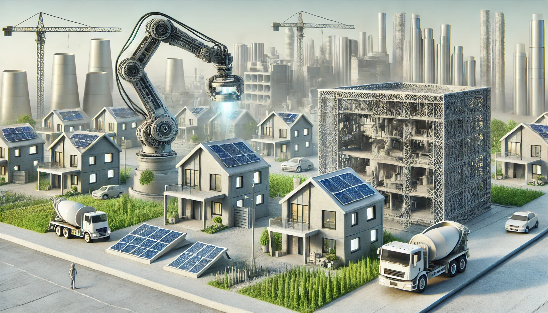 Visualización 3D de construcción de viviendas con impresión 3D, paneles solares y brazo robótico. Revolución sostenible en la construcción moderna.