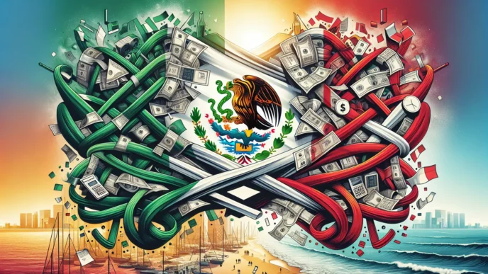 Sponsors/branding.

Ilustración de la bandera de México con billetes y elementos de la ciudad. Concepto de impuestos en el sector inmobiliare. Inmobiliare Summits México.