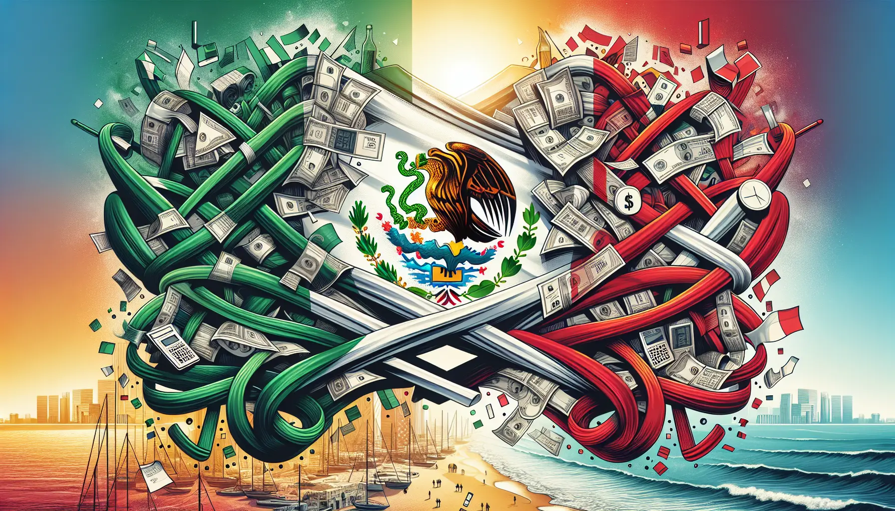 Sponsors/branding.

Ilustración de la bandera de México con billetes y elementos de la ciudad. Concepto de impuestos en el sector inmobiliare. Inmobiliare Summits México.