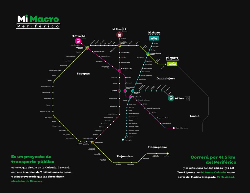 city/destination

Mapa de transporte público Mi Macro Periférico en Guadalajara, México. Proyecto de movilidad urbana en la ciudad.