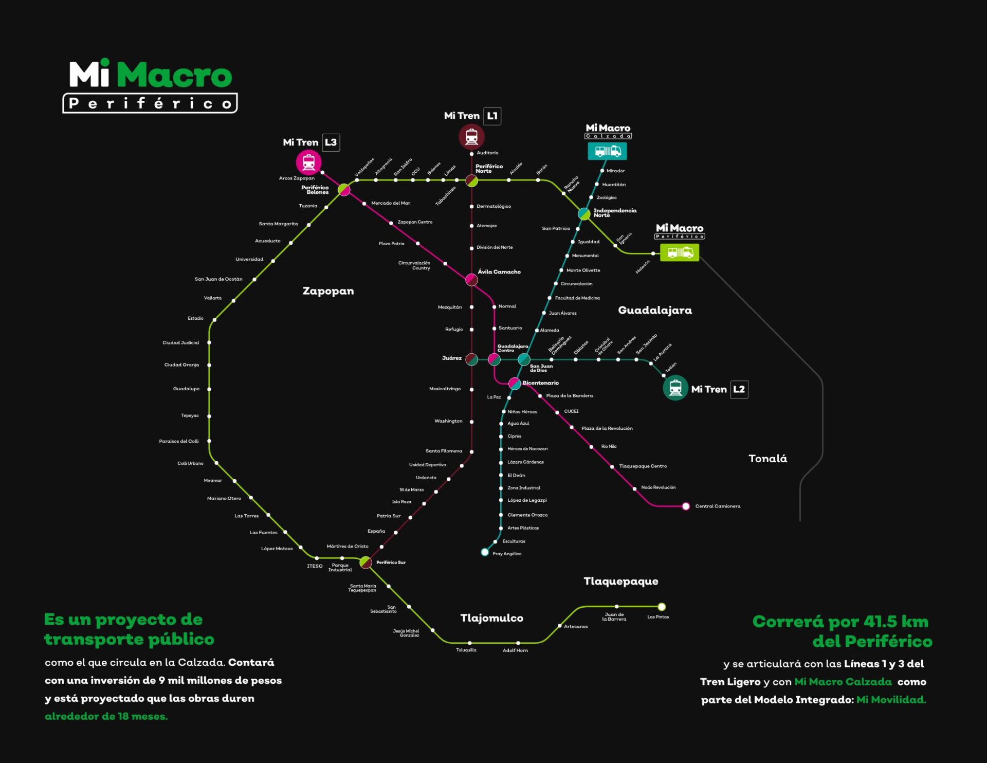 city/destination

Mapa de transporte público Mi Macro Periférico en Guadalajara, México. Proyecto de movilidad urbana en la ciudad.