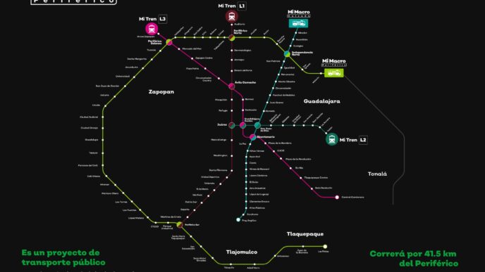 city/destination

Mapa de transporte público Mi Macro Periférico en Guadalajara, México. Proyecto de movilidad urbana en la ciudad.