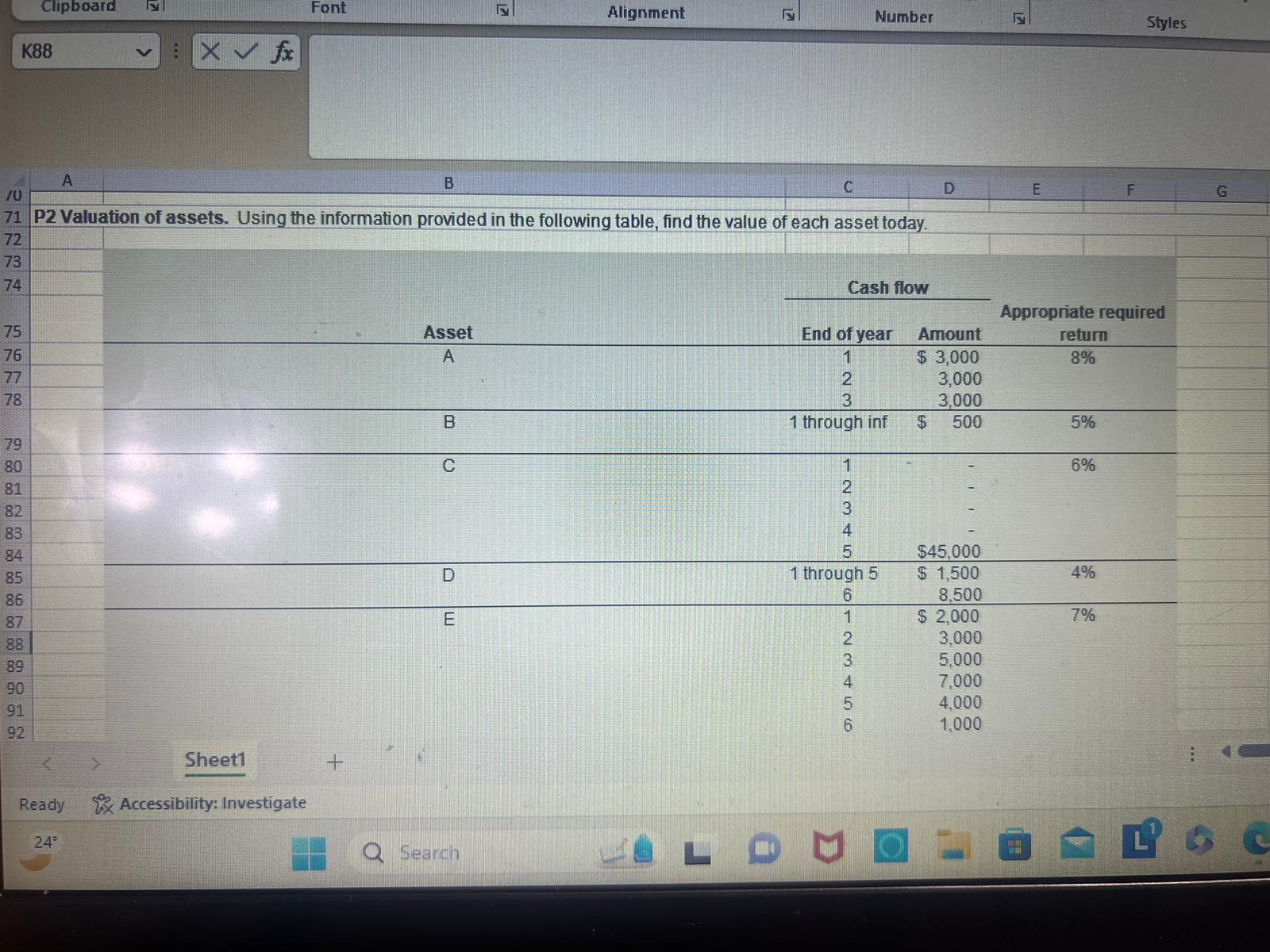 No se puede clasificar la imagen en ninguna de las categorías proporcionadas.

Aquí está el texto alternativo:
Tabla de valoración de activos. Se muestra el flujo de caja y el rendimiento requerido para los activos A, B, C, D y E.